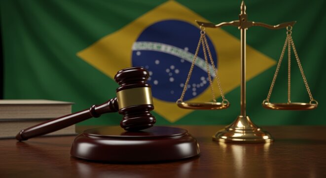 Brazilian justice system gavel scales flag dark wood mahogany legal setting