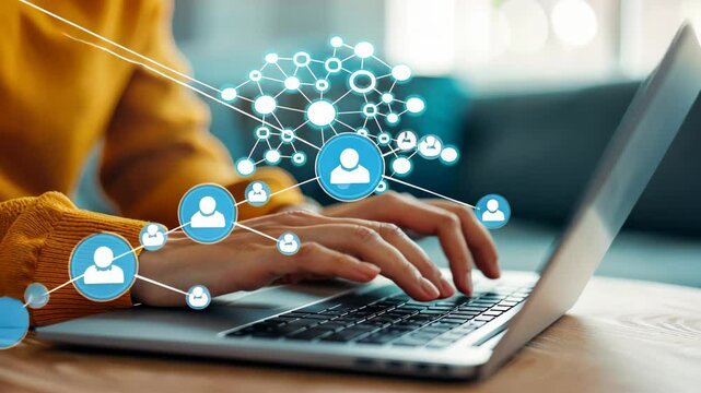 Connecting through Technology: A person sits at a laptop, fingers moving deftly across the keyboard, with glowing social network icons swirling above.