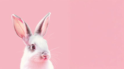 Obraz premium Cute white rabbit on pastel pink background, close up portrait