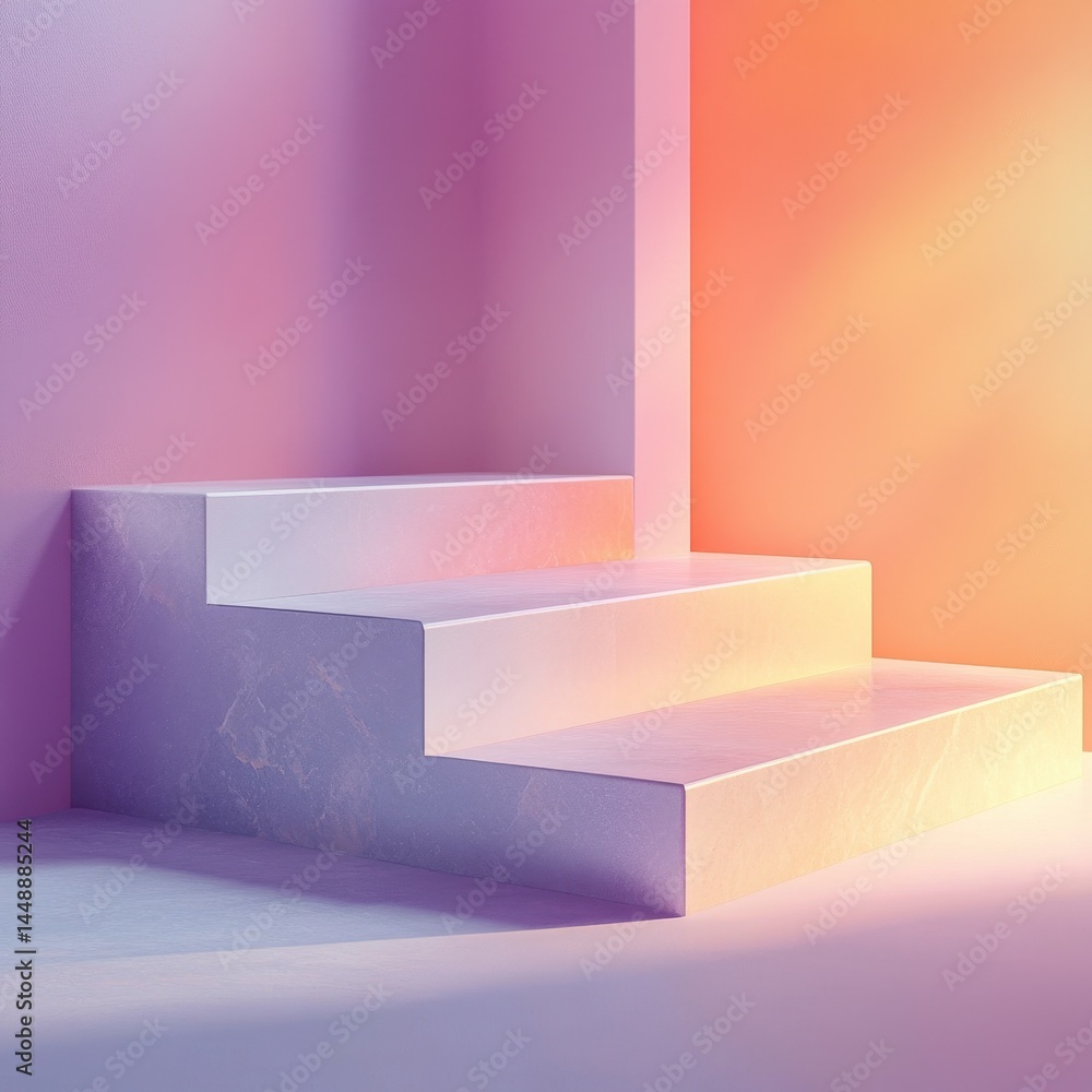 Poster geometric staircase with pastel gradient walls and minimalist design creating a contemporary and abs