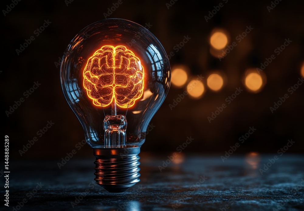 Aufkleber glowing brain inside a lightbulb representing artificial intelligence on dark background