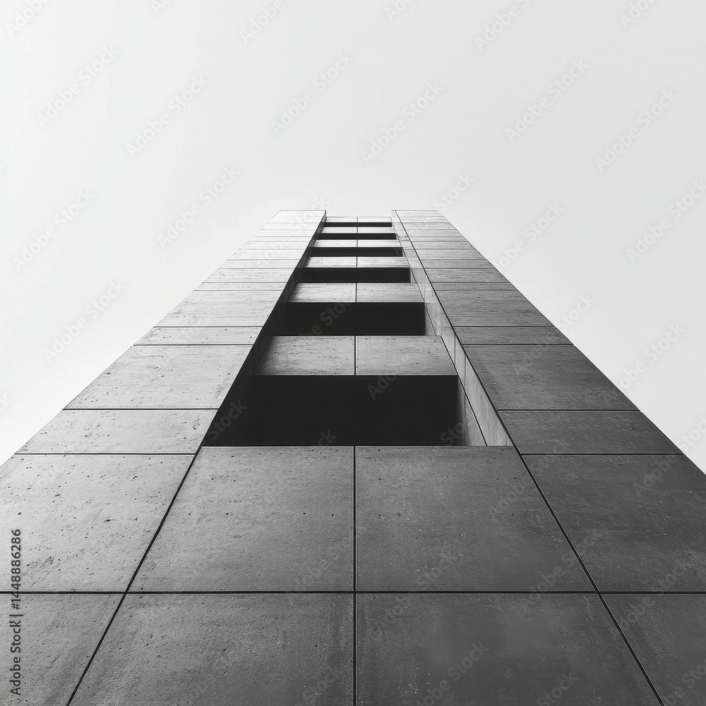 Aufkleber monochrome low angle view of a tall gray skyscraper with geometric facade and repeating patterns und
