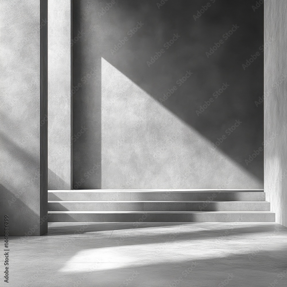 Poster monochrome interior with concrete walls and geometric staircase casting shadows creating a minimalis