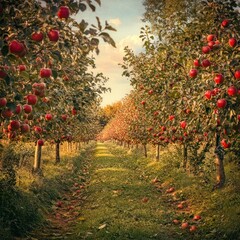 Fototapeta premium Lush apple orchard path at sunset.
