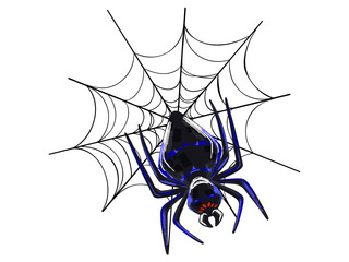 Creepy spider in a web - stylized illustration of a black insect with red eyes and fangs, perfect for creepy set design, horror concepts, biological posters and insect-themed graphics