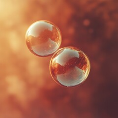 Two Transparent Glassy Spheres Floating in Air with Orange Hue Abstract Background