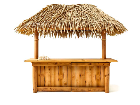 Wooden tiki bar with thatched roof isolated on white background, tropical style summer bar. Generative AI
