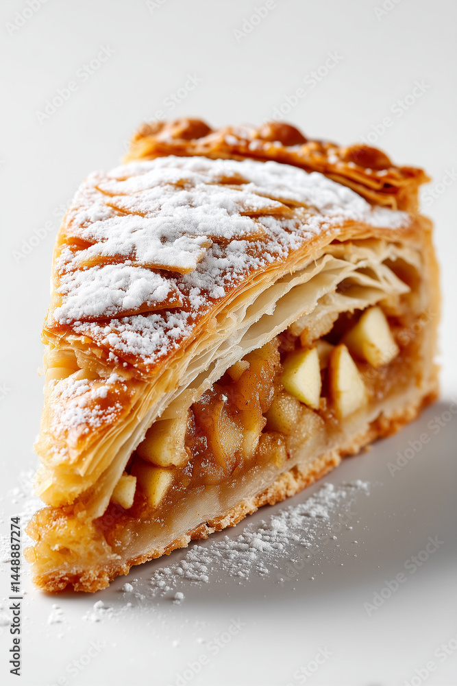 Poster minimalist display of apple strudel slice with flaky layers and apple filling. set against a clean w