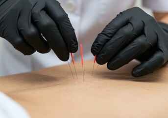 Acupuncture Therapy Session Hands with Black Gloves Inserting Needles into Patient's Back for Traditional Chinese Medicine Pain Relief.