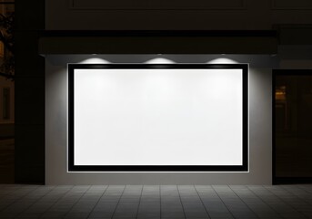Fototapeta premium Blank Storefront Display Window at Night, Illuminated for Advertisement Mockup.