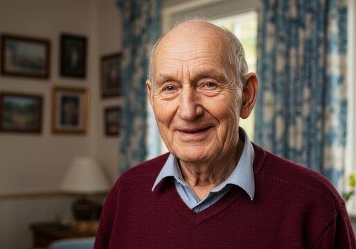 Portrait of a happy senior man smiling indoors with a maroon sweater and blue curtains - Powered by Adobe