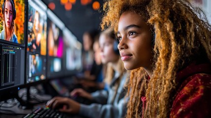 Teen girl edits video, focused team, office background, stock photo