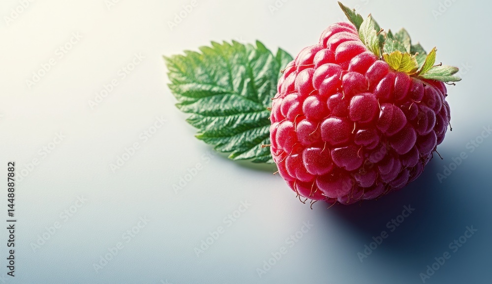 Aufkleber close up of a single fresh raspberry with green leaf on a white background with gentle light and sha