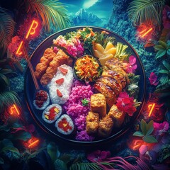 Artistic Arrangement of Asian Cuisine on a Plate Against Tropical Foliage with Neon Lights and Creative Colorful Backdrop