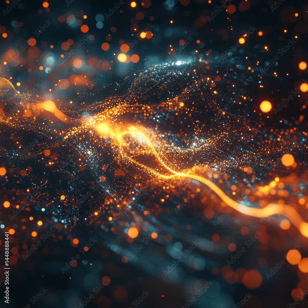 Poster dynamic abstract golden sparkling wave with bokeh lights on dark background digital art