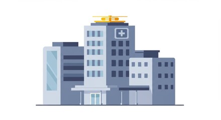 Stylized Flat Graphic Art of Minimalist Hospital with Rooftop Helipad Design
