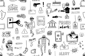 Seamless pattern of bank thieves, phone fraudster and computer scammers in doodle style. Bank card, credit card, safe deposit, cheater, alarm system, fishing, scam, alert, finance, bag money