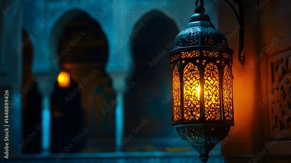 Poster intricate, illuminated moroccan lantern hangs against a backdrop of softly lit arches. the warm ligh
