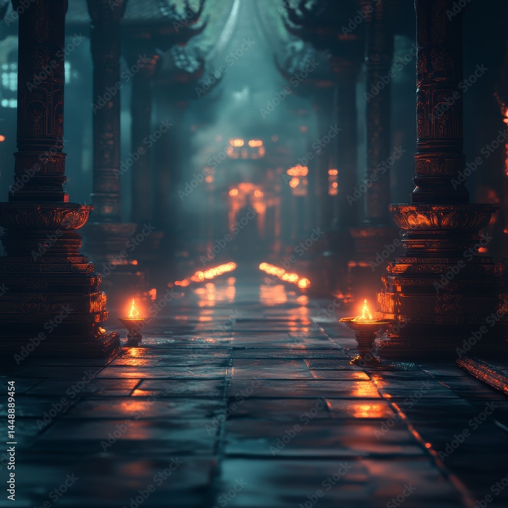 Poster dimly lit stone hallway with ornate columns and glowing candles creates an ancient and mysterious at