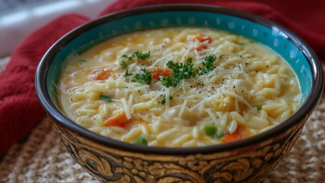 Creamy orzo pasta soup with vegetables in a decorative bowl. Topped with shredded cheese, herbs, and pepper. Healthy and comforting Italian cuisine.