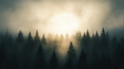 Fototapeta premium Misty Sunrise in a Coniferous Forest: An Enchanting Dawn in the Woods