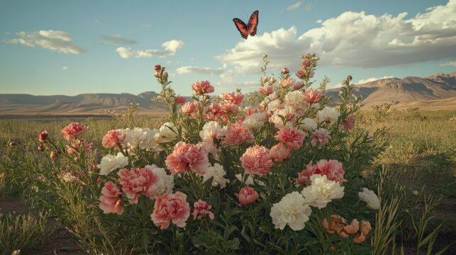 A picturesque landscape filled with vibrant flowers and a flitting butterfly.