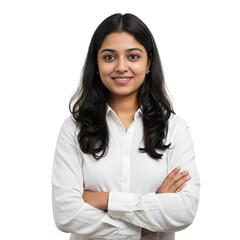young indian woman in white shirt arms crossed isolated on white or transparent png