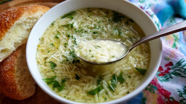 Hearty bowl of comforting orzo soup with grated parmesan cheese and fresh herbs, served with sliced bread