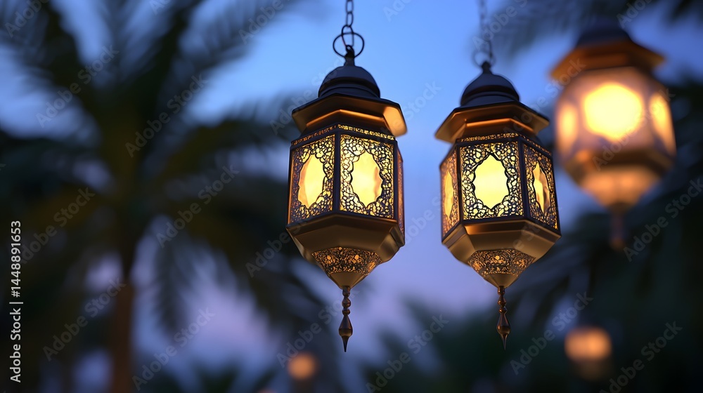 Poster two ornate, illuminated lanterns hang against a twilight sky, adorned with intricate metalwork. palm