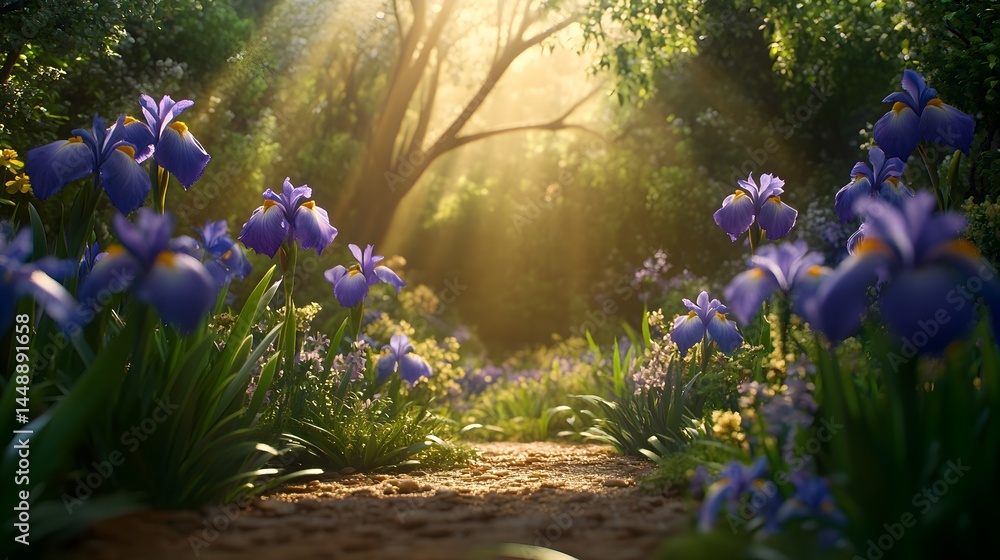 Poster sunbeams illuminate a magical forest path lined with vibrant purple irises. lush greenery and a tran