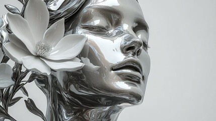 Woman and Flower Sculpture in Monochrome