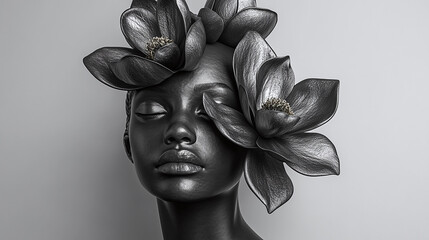 Woman and Flower Sculpture in Monochrome