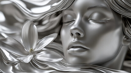 Woman and Flower Sculpture in Monochrome
