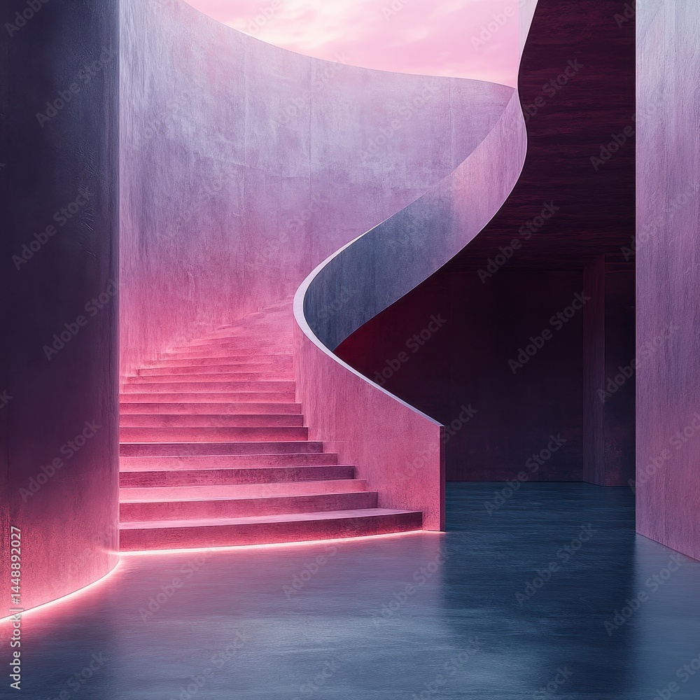 Poster abstract architectural design of a pink and purple spiral staircase in minimalist style with a smoot
