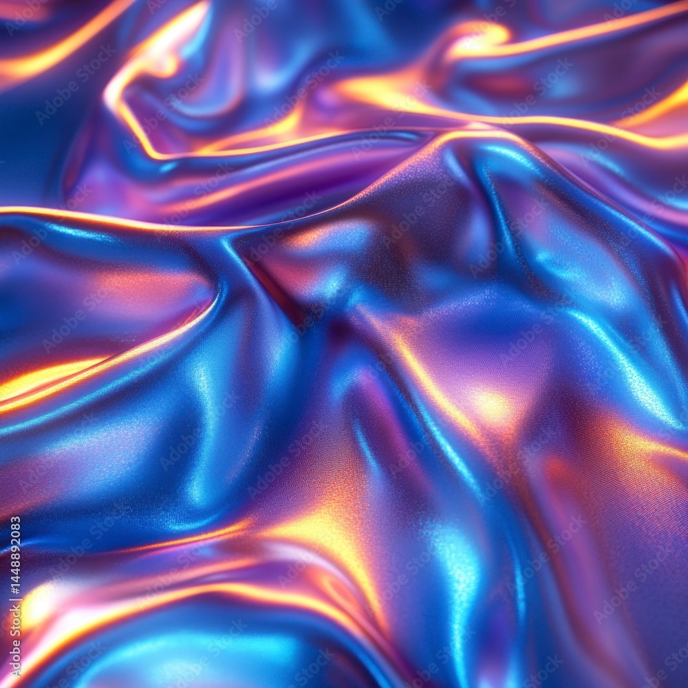 Poster abstract blue and gold iridescent fabric texture with flowing waves and luxurious shimmering materia