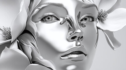 Woman and Flower Sculpture in Monochrome