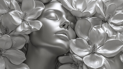 Woman and Flower Sculpture in Monochrome