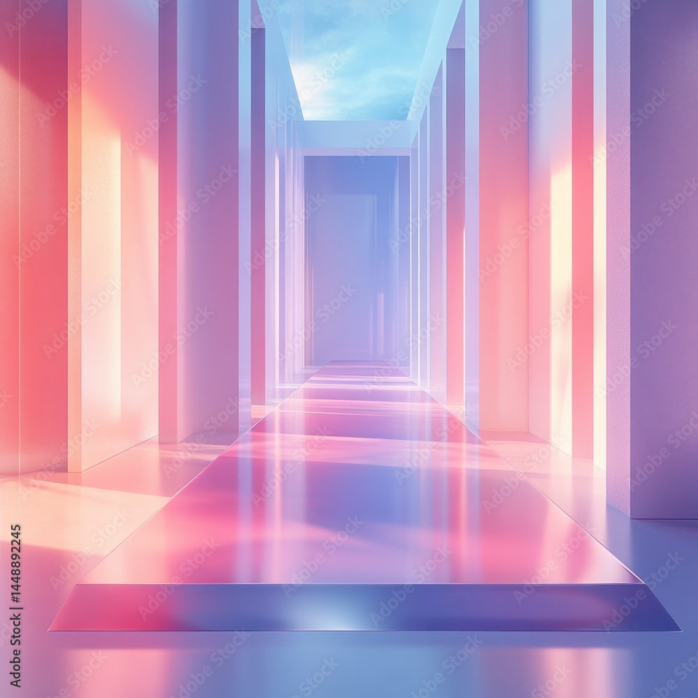 Poster abstract hallway with pastel columns in a symmetrical design showcasing perspective with a long empt
