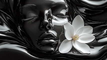 Woman and Flower Sculpture in Monochrome