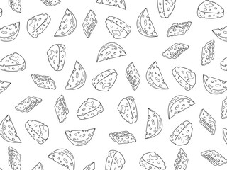 Cartoon Cheese doodle seamless pattern for background and packaging. Vector design. Various cheese design wallpaper. Variety of cheese icon. Cheese pattern background set. Collection icon cheese.
