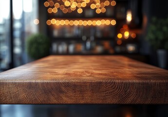 Close up Brown Wooden Table Surface with Blurred Interior Background in Warm Bokeh Lighting Effect