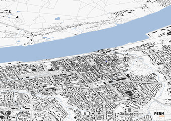 Zoomed vector map of Perm, Russia, highlighting highways, buildings, and waterways. Detailed and modern design, ideal for urban planning, infrastructure analysis, and educational purposes.