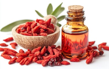 Goji Berries and Oil Bottle in Rustic Setting with Wooden Bowl and Dried Fruits Rich in Antioxidants on White Surface