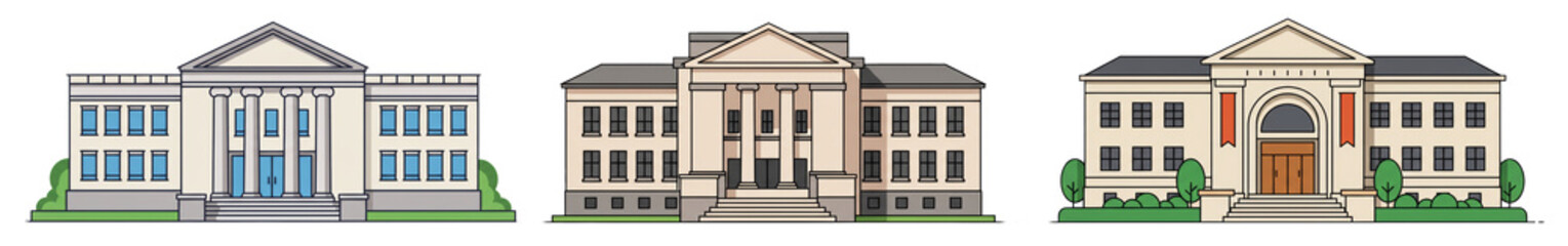 Obraz premium Stylized flat graphic minimalist design of three library buildings with grand entrance