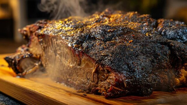 Smoked beef brisket with visible smoke on a wooden cutting board, highlighting delicious preparation and juicy texture