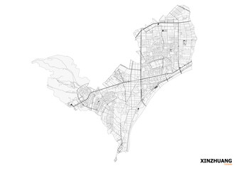 Vector map of Xinzhuang, Taiwan, highlighting highways and road networks. Clean, modern design ideal for urban planning, infrastructure analysis, or educational purposes.