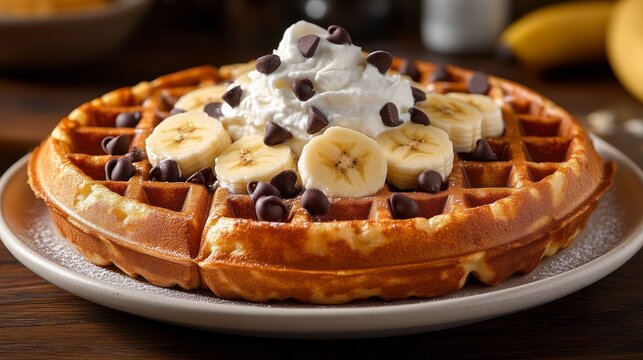 Delicious Waffle Topped with Banana Slices Chocolate Chips and Whipped Cream for Breakfast or