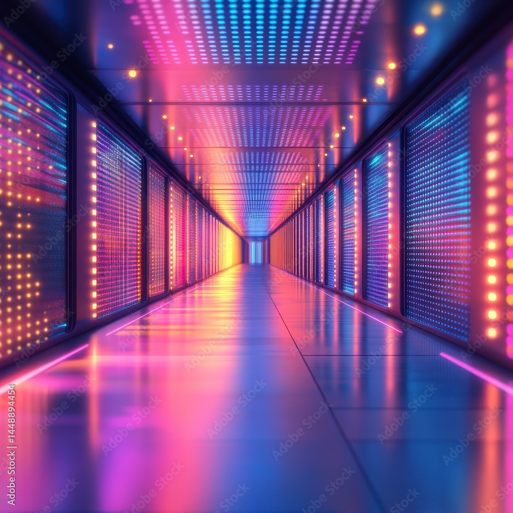 Aufkleber server room featuring rows of computer racks and neon lighting in a data center environment with pur