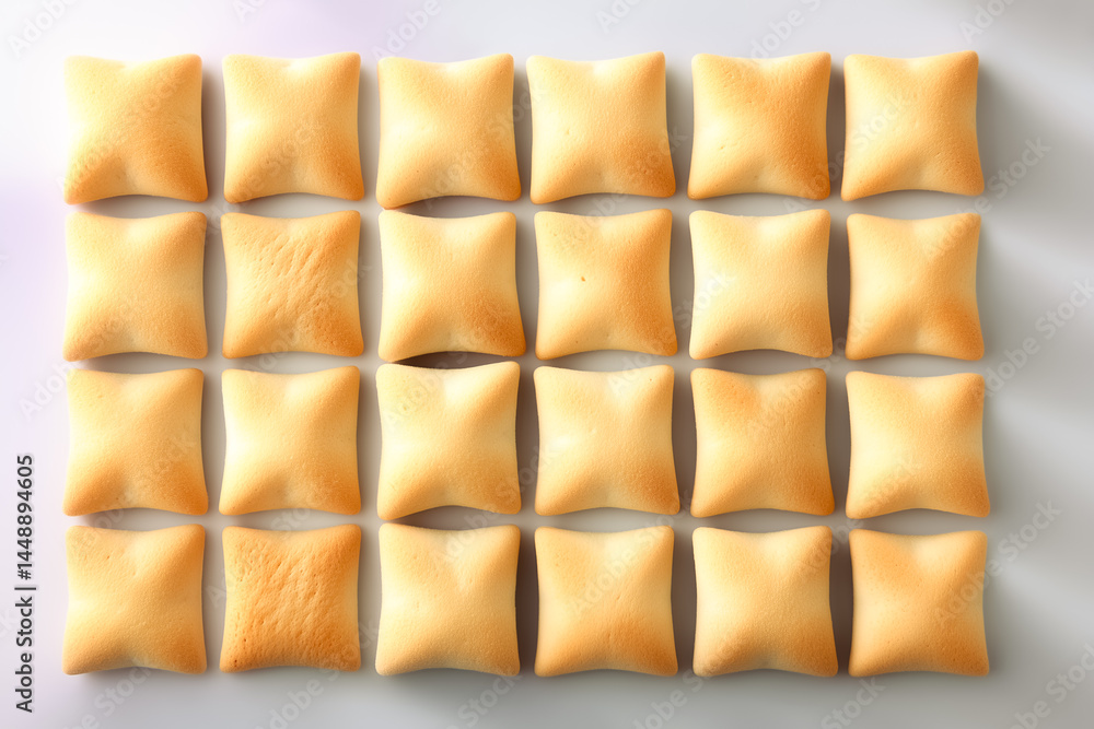 Poster puff pastry squares arranged in a neat pattern on a smooth light surface. ideal for baking, culinary