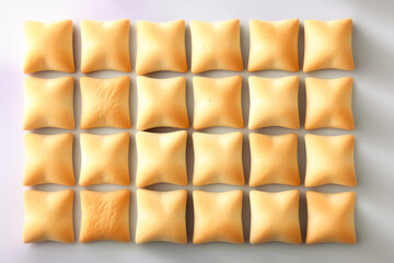 Puff pastry squares arranged in a neat pattern on a smooth light surface. Ideal for baking, culinary art, food presentation. Concept of pastry, gastronomy, catering, bakery